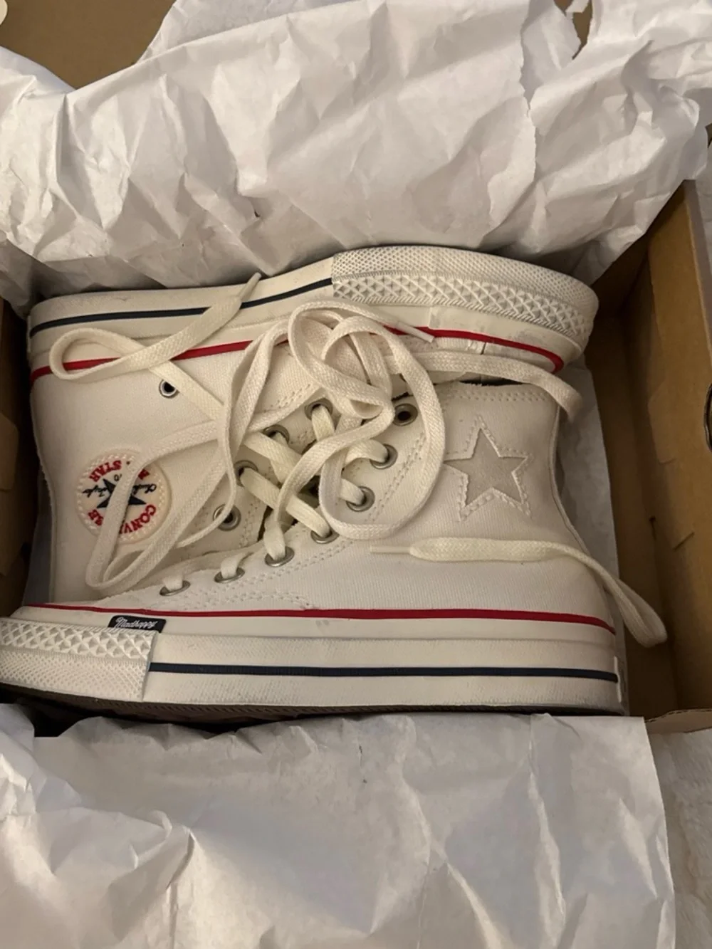 Converse White High Top Kids Sneakers with Red & Navy Stripes